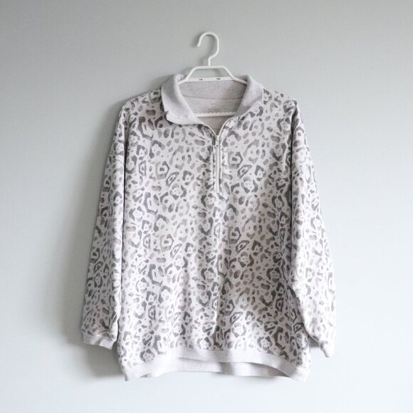 Aerie Women's Sz S Cream Animal Print Oversized 1/4 Zip Relaxed Pullover Sweater - Picture 1 of 16